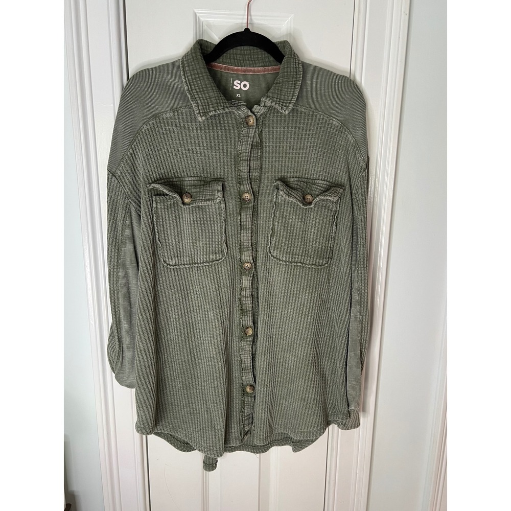 SO Olive Green Waffle Knit Button Down Shirt Mixed Ribbed Texture XL Soft Top